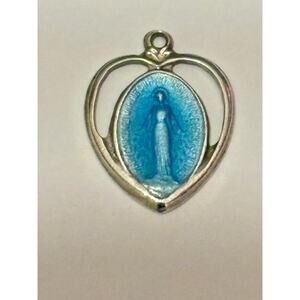 Vintage Sterling Silver Miraculous Medal Blue Enamel Pendant